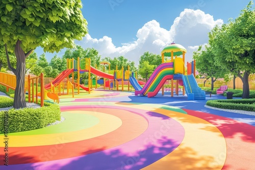 Wallpaper Mural Colorful Playground Scene with Slides and Lush Greenery Torontodigital.ca