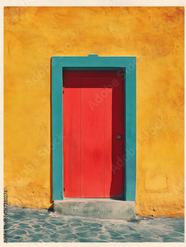 A vibrant red door framed in teal, set against a sunny yellow wall. The colors pop against the textured stone ground.