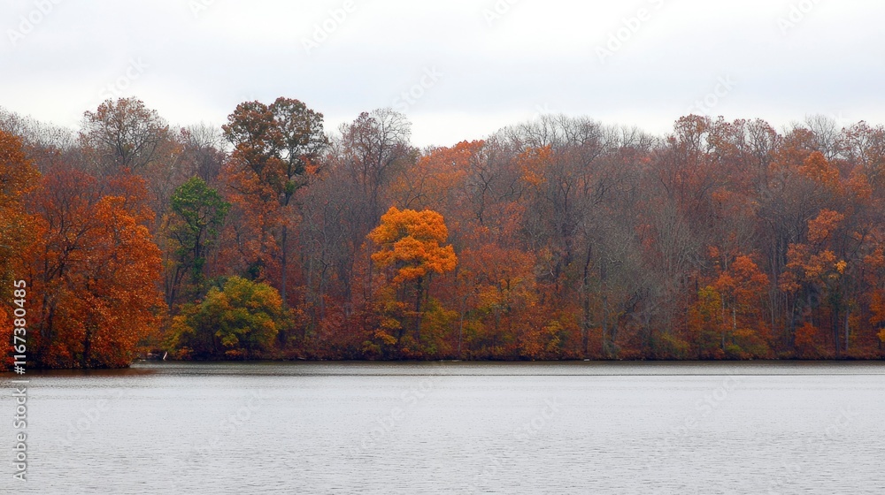 Autumnal Forest Reflects in Calm Lake Water Autumnal Forest Reflects in Calm Lake Water