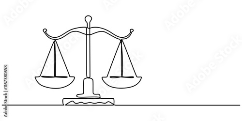 One Line Drawing of a Justice Scale, Minimalist Illustration Representing Equity and Justice, One continuous single drawing line art flat doodle scale, symbol, balance, law, justice, court, weight. 