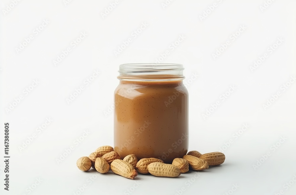 Creamy peanut butter in a jar with peanuts on a white background.