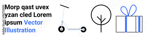 Scooter for urban transport, simple black tree symbolizing nature, and a blue-ribbon gift box. Ideal for sustainability, city life, eco-friendly travel, urban mobility, gift-giving, celebration