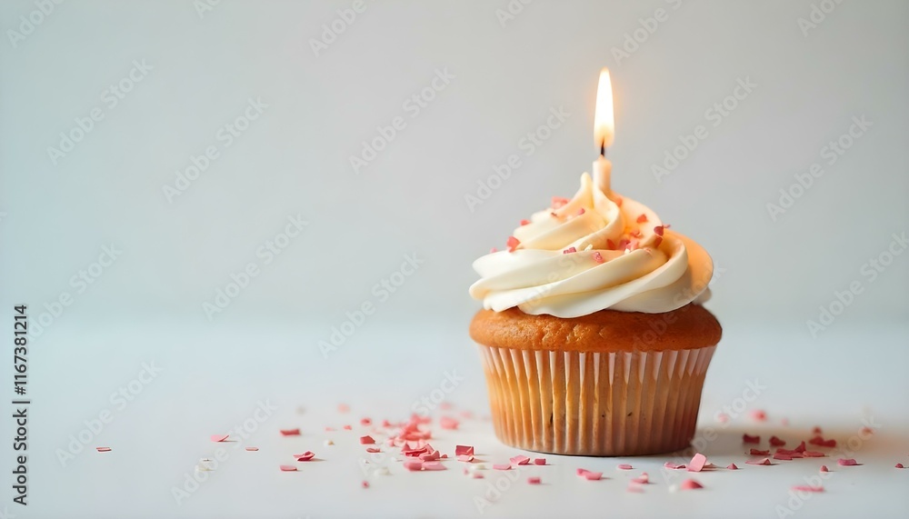 Cupcake with candle and confetti, large empty copyspace Cupcake with candle and confetti, large empty copyspace