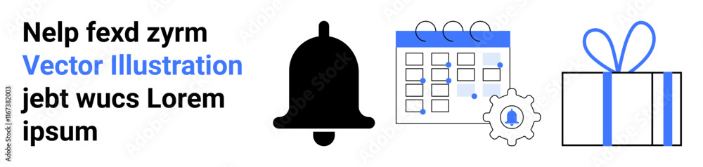 Notification bell, calendar, gear icon, and gift box. Ideal for reminders, scheduling, settings, organization alerts events and productivity. Landing page Notification bell, calendar, gear icon, and gift box. Ideal for reminders, scheduling, settings, organization alerts events and productivity. Landing page