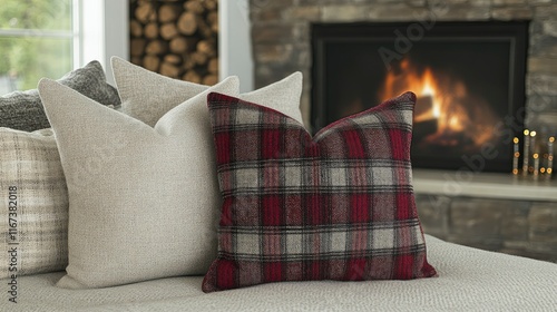 Cozy Plaid Throw Pillows by a Fireplace photo