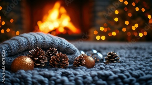 Cozy Christmas Evening by the Fireplace Knit Sweater, Pine Cones, and Ornaments