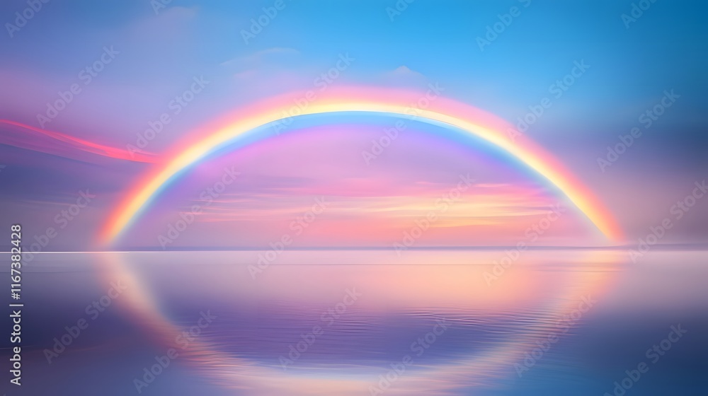 A serene landscape featuring a vibrant rainbow arching over a calm sea at sunset. A serene landscape featuring a vibrant rainbow arching over a calm sea at sunset.
