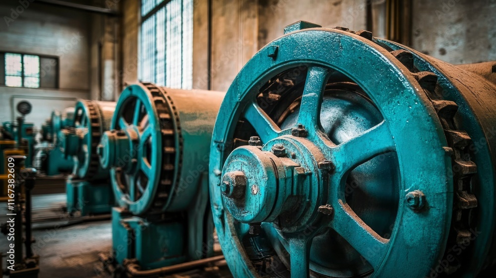 Aged Industrial Machinery Gears In A Factory Setting Aged Industrial Machinery Gears In A Factory Setting