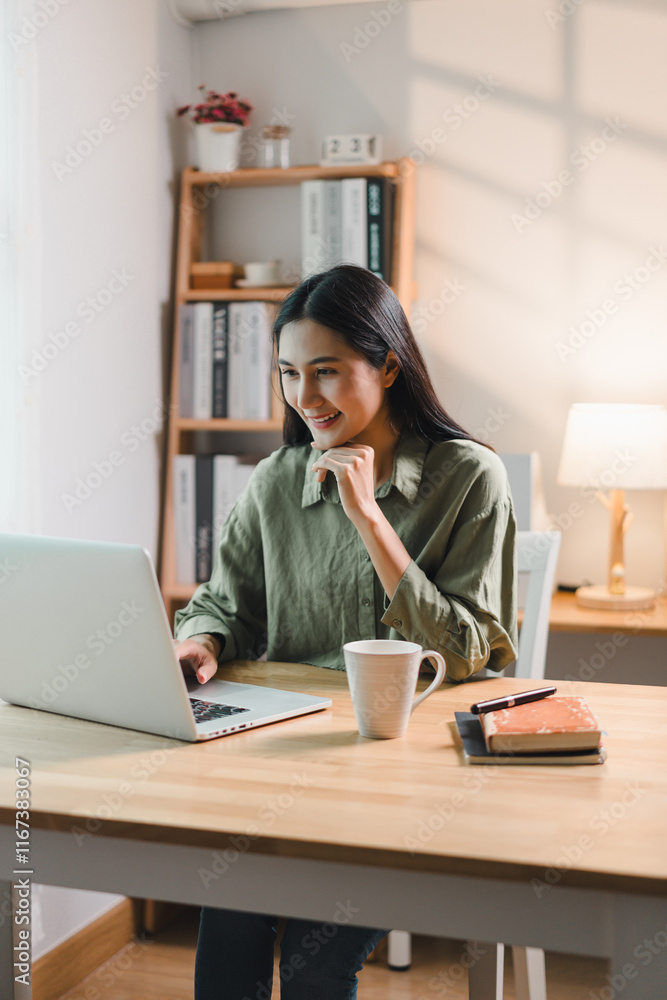 woman working on laptop at wooden table with cup of coffee, books, and notebook, in cozy home office with natural light and bookshelf in background woman working on laptop at wooden table with cup of coffee, books, and notebook, in cozy home office with natural light and bookshelf in background