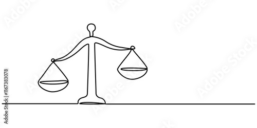 One Line Drawing of a Justice Scale, Minimalist Illustration Representing Equity and Justice, One continuous single drawing line art flat doodle scale, symbol, balance, law, justice, court, weight. 