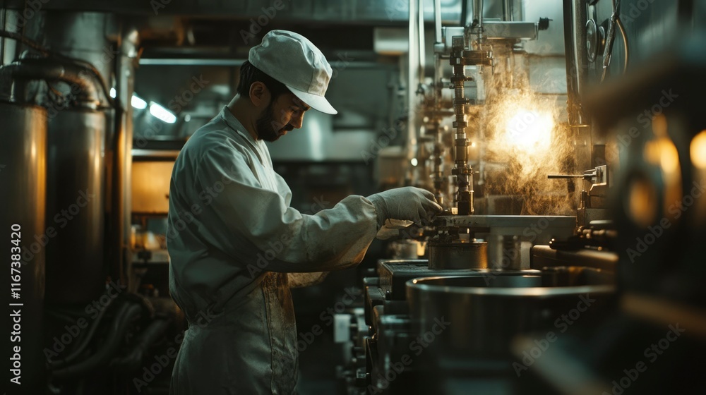 Factory Worker Operating Industrial Machinery in a Plant Factory Worker Operating Industrial Machinery in a Plant