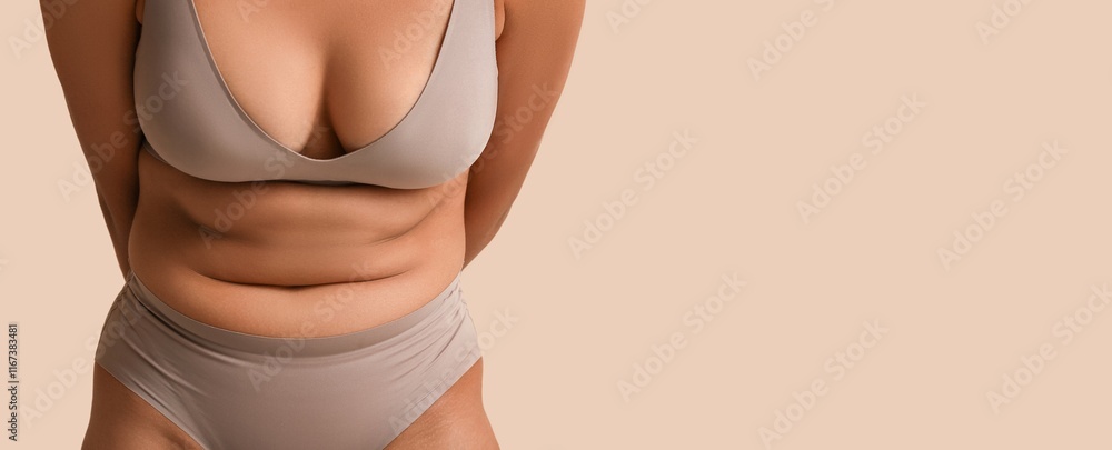 © Pixel-Shot - Young African-American woman in underwear on beige background with space for text, closeup. Concept of body positivity © Pixel-Shot - Young African-American woman in underwear on beige background with space for text, closeup. Concept of body positivity