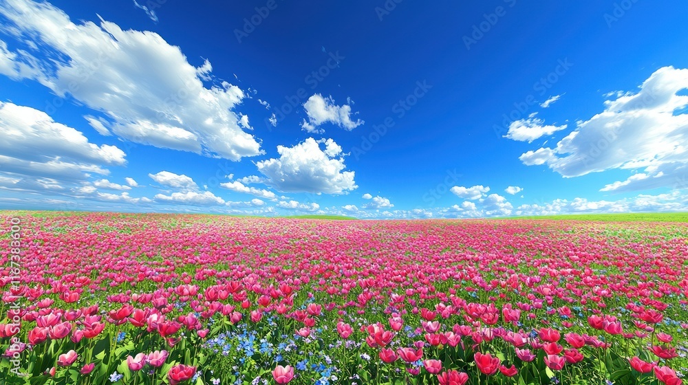 Fototapeta premium Pink tulip field blooming under cloudy blue sky.