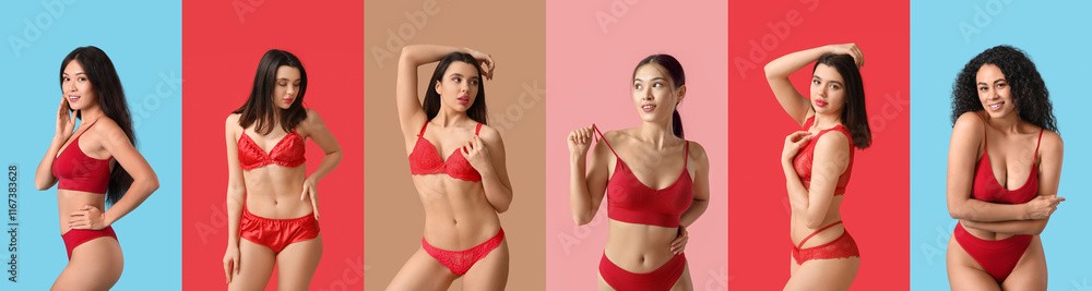 Set of different women in red underwear on color background Set of different women in red underwear on color background