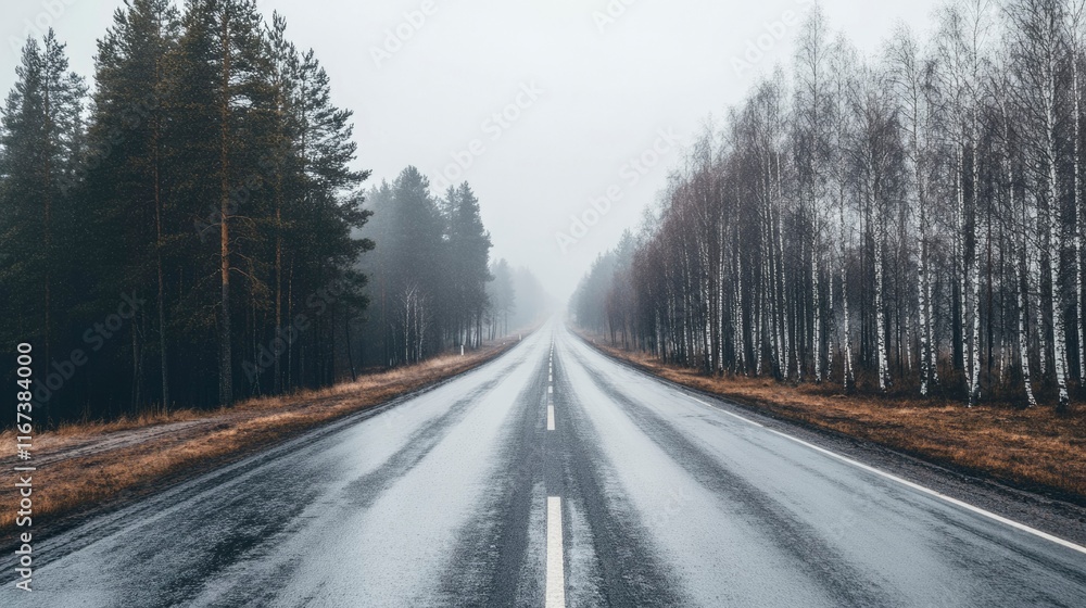 Misty Road Through A Forest Of Pines And Birches Misty Road Through A Forest Of Pines And Birches