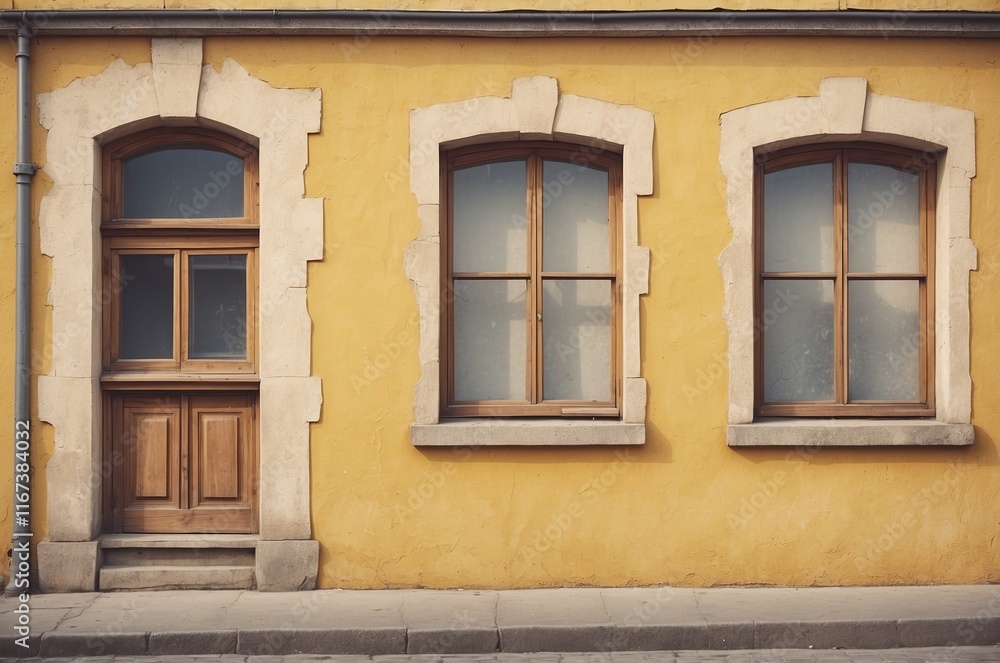 Bright yellow building with wooden door and windows in a quiet street setting Bright yellow building with wooden door and windows in a quiet street setting