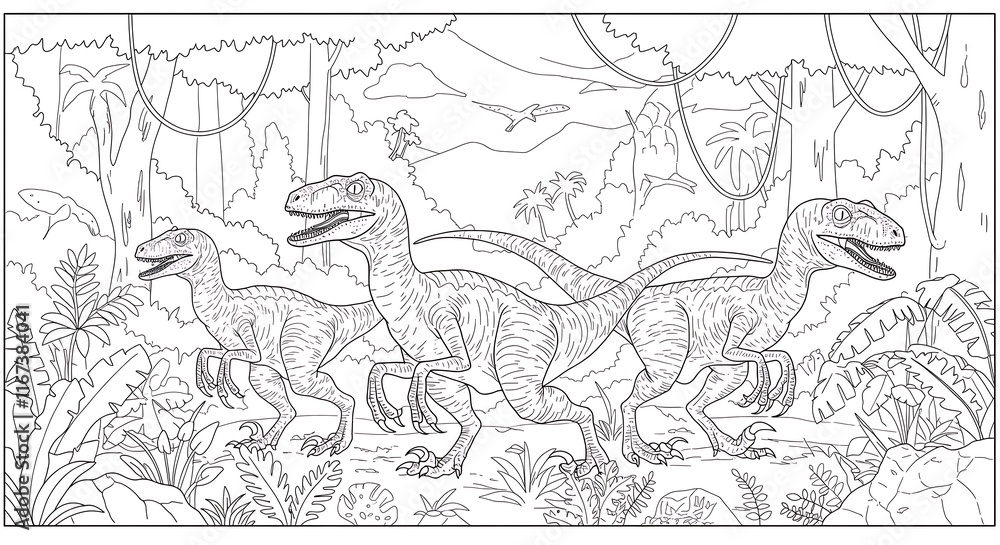 Naklejka premium Prehistoric jungle animals. Extinct dinosaurs coloring page. Detailed illustration. Colorful coloring book.