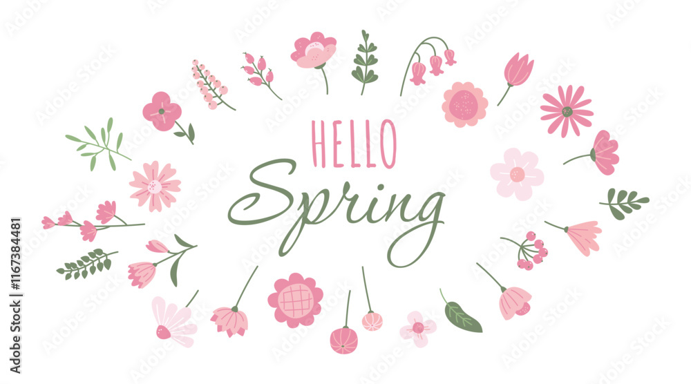Hello Spring. Springtime holiday celebration. Lettering spring season with flowers for invitation, greeting card, banner, poster, template background. Retro, vintage vector illustration Hello Spring. Springtime holiday celebration. Lettering spring season with flowers for invitation, greeting card, banner, poster, template background. Retro, vintage vector illustration