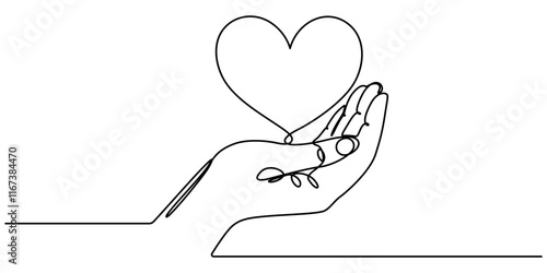The hands holding a heart are outlined in a continuous one line drawing, One continuous line drawing of hands holding heart. Concept of love relationship and volunteer organisation symbol in simple. 