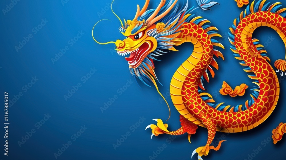 Obraz premium Vibrant illustration of a dragon on a blue background, showcasing intricate details and colors. Chinese New Year concept