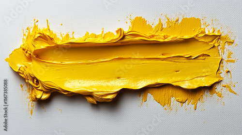 Bright yellow paint is smeared across a textured white surface, showcasing a thick application that emphasizes color vibrancy and artistic expression. The paint has dynamic swirls and edges. photo