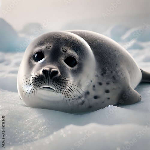 A close-up, full view of a seal resting peacefully on ice in a polar environment.