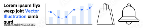 Bar and line graph next to icons of a shopping bag and a bell. Ideal for analytics, e-commerce, notifications, business, data visualization, marketing strategies, user interface design. Landing page