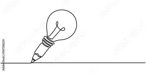 Continuous One line drawing of Pencil with idea light bulb combined into symbol, creative energy design art or science invention or research, Light bulb and pencil in one continuous line drawing. pro.