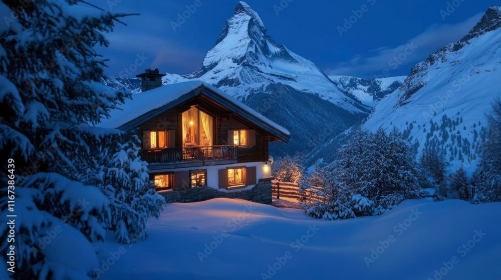 Cozy Mountain Cabin Illuminated At Night Under Snowy Peaks Cozy Mountain Cabin Illuminated At Night Under Snowy Peaks