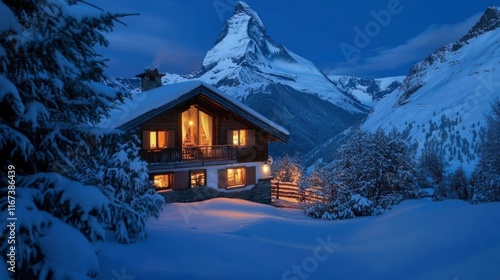 Cozy Mountain Cabin Illuminated At Night Under Snowy Peaks