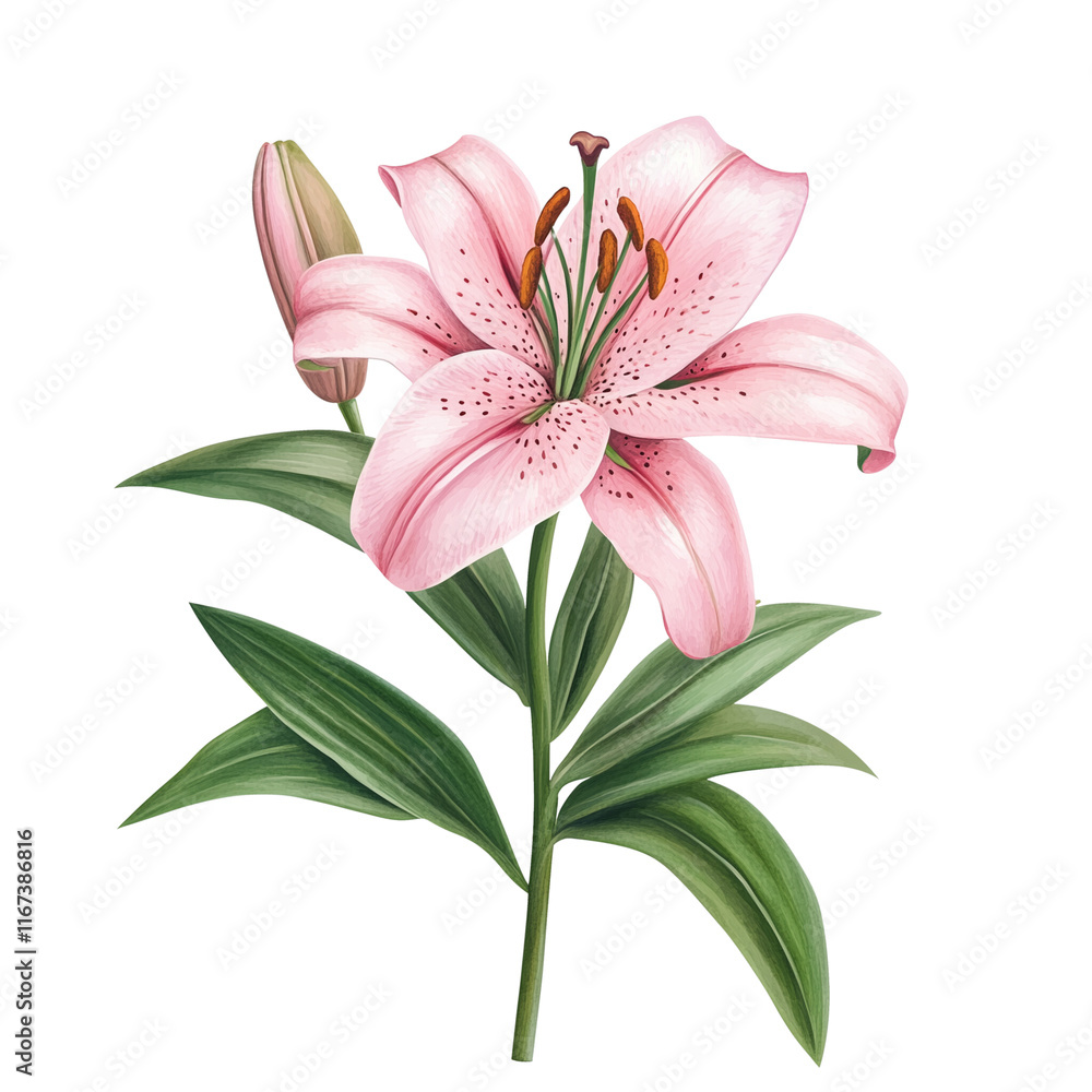 Naklejka premium Pink lily in bloom, digital illustration, isolated on white