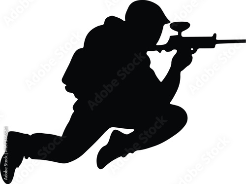 Paintball player silhouettes, paintball sports, soldier, army, police, paintball guys, paintball army, players designs, logo, clipart, artwork. Different poses of people playing with weapons.  photo