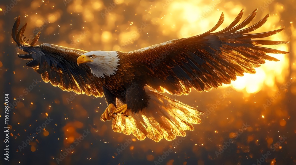 Obraz premium A large eagle is flying in the sky with the sun shining on its wings