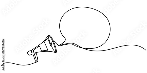 Continuous single line sketch drawing of megaphone speaker with bubble chat. One line art of sound tool equipment vector illustration, One continuous line drawing of loudspeaker bullhorn with speech. 