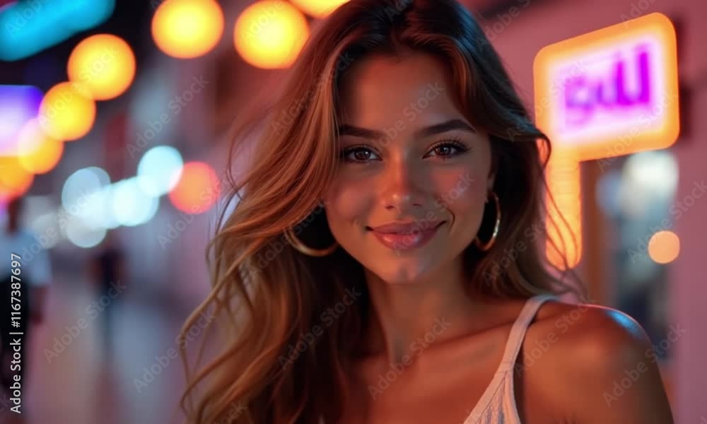 Beautiful woman standing in a futuristic cityscape illuminated by vibrant neon lights, showcasing modern elegance and technology Beautiful woman standing in a futuristic cityscape illuminated by vibrant neon lights, showcasing modern elegance and technology
