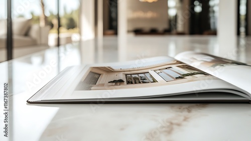 Open book showcasing interior design photos on a marble table.