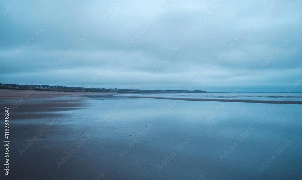 Obraz premium A serene beach scene under a cloudy sky, reflecting calm waters.