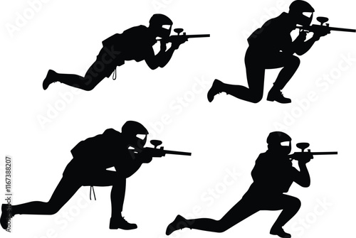 Paintball player silhouettes, paintball sports, soldier, army, police, paintball guys, paintball army, players designs, logo, clipart, artwork. Different poses of people playing with weapons.  photo