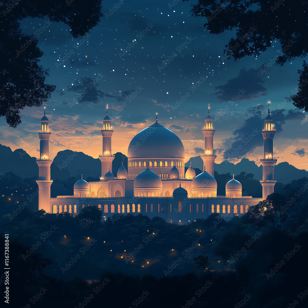 Fototapeta premium Mosque surrounded by trees under starry sky