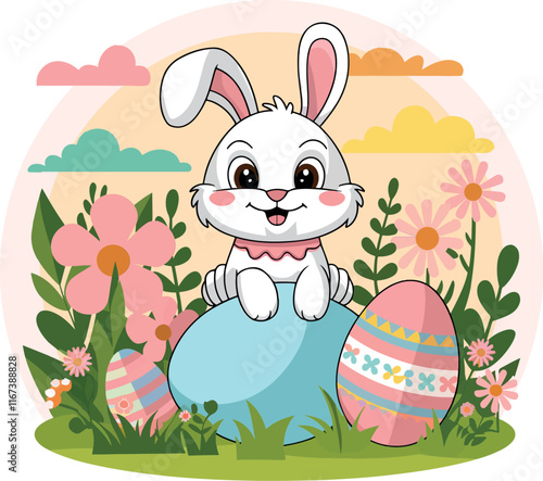 Funny and super cute Easter bunny eggs and floral with happy smile vector art