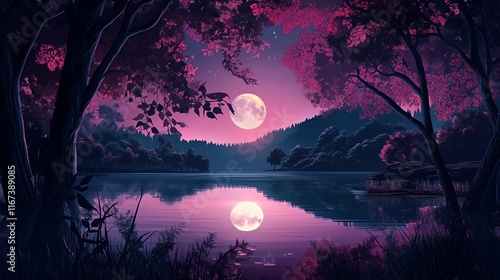 Serene moonlit lake scene with pink trees at night photo