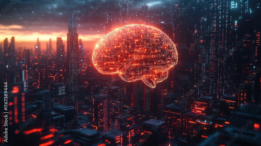 Futuristic cityscape with glowing brain hologram Futuristic cityscape with glowing brain hologram