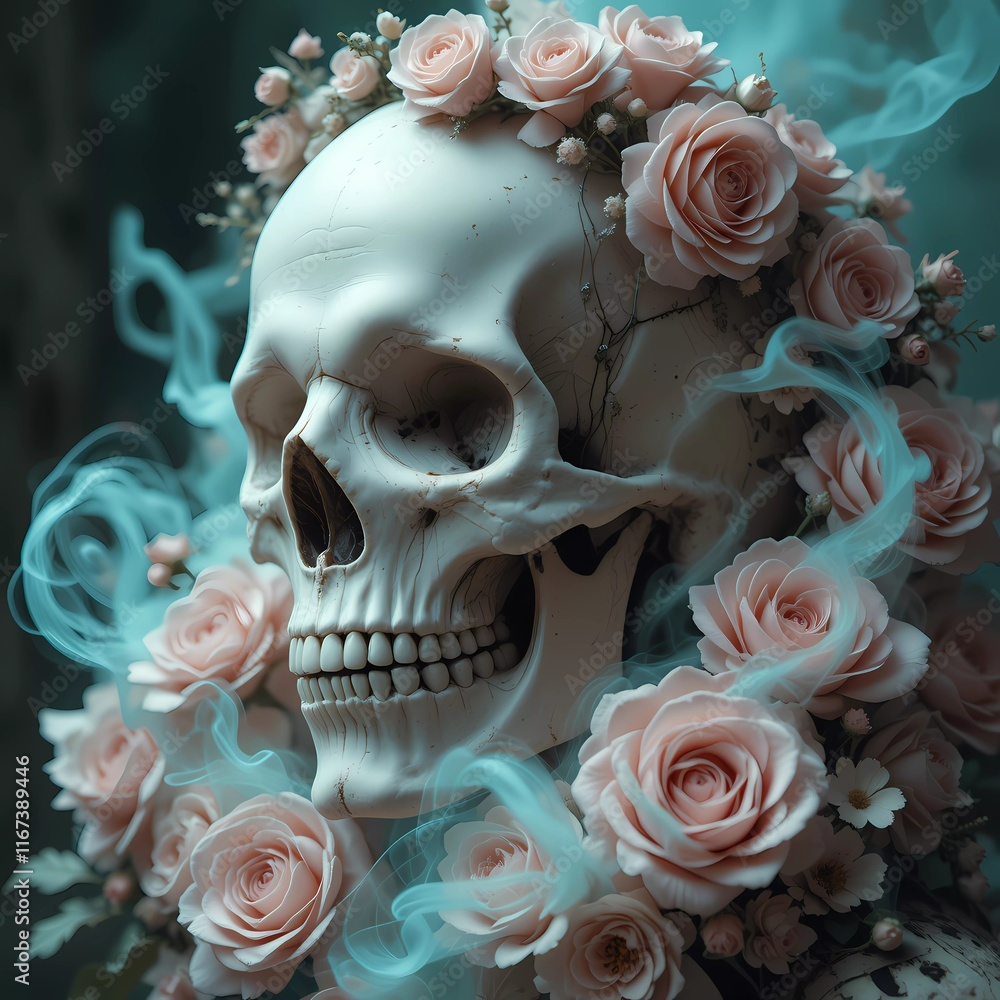 Naklejka premium Detailed Skull Surrounded by Pink Roses and Baby's Breath
