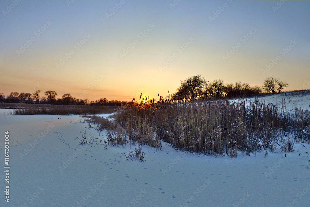 Winter landscape: frozen and snowy pond at sunset. Winter landscape: frozen and snowy pond at sunset.