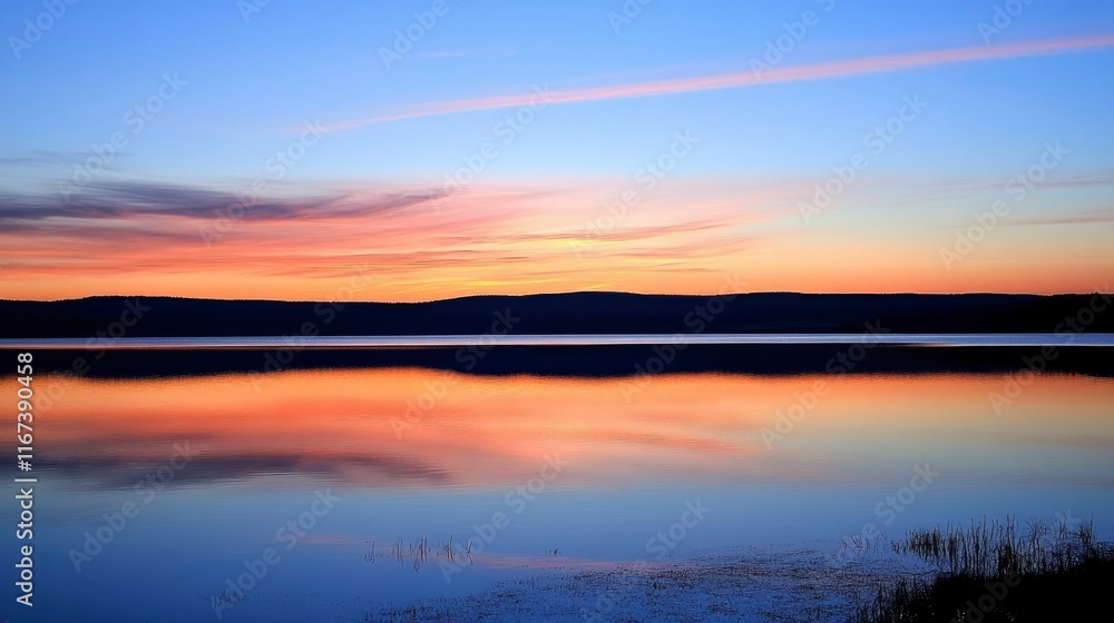 Serene Sunset Over Still Lake Reflecting Colors Serene Sunset Over Still Lake Reflecting Colors