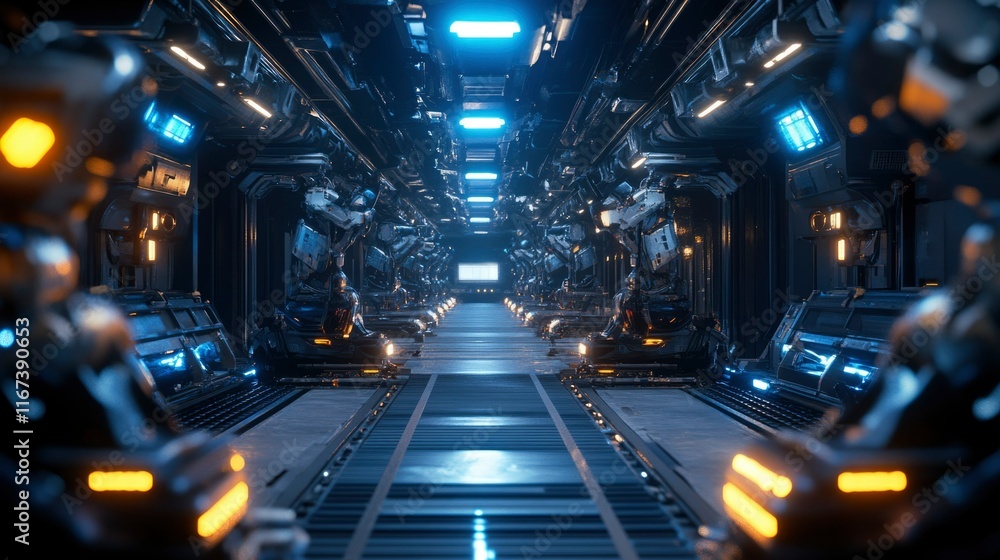 Futuristic Spaceship Corridor With Robotic Stations Futuristic Spaceship Corridor With Robotic Stations