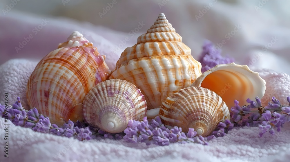 A collection of seashells are arranged on a purple cloth A collection of seashells are arranged on a purple cloth