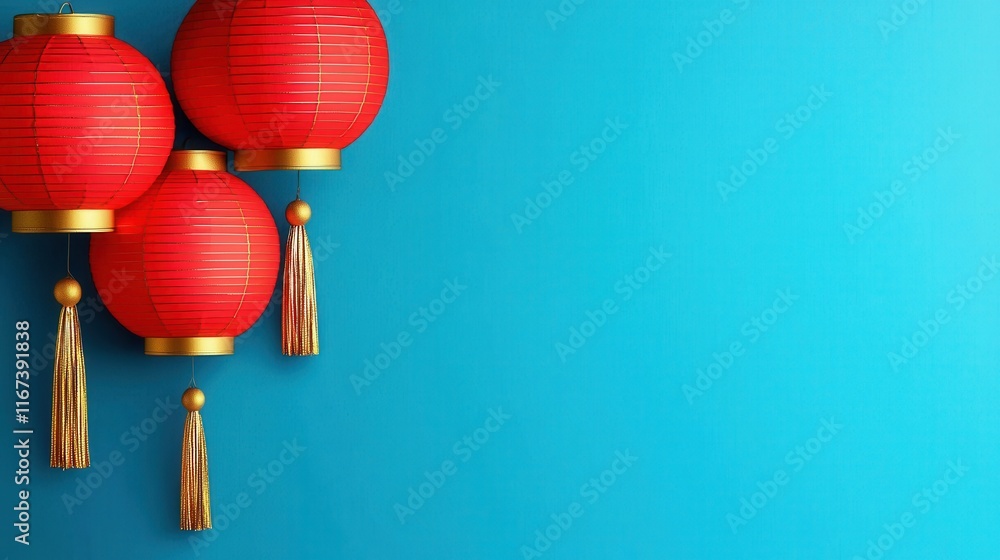 Colorful red lanterns hanging against a vibrant blue background. Chinese New Year concept Colorful red lanterns hanging against a vibrant blue background. Chinese New Year concept