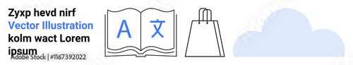 Book with multilingual symbols, shopping bag, and cloud graphic against a white background. Ideal for education, e-commerce, cloud storage, learning, retail, technology and language services