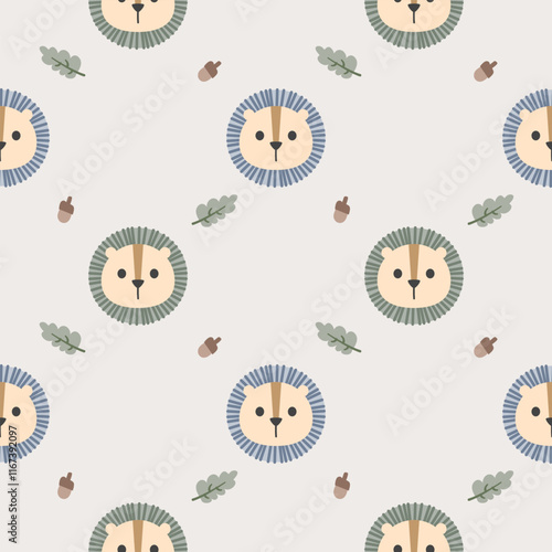 Face Lion cartoon so cute. On leaf acorn background. Pattern seamless vector illustration. 
